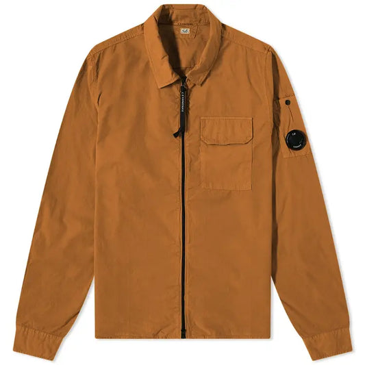 Cp Company Gabardine Lens Zip Overshirt in Bronze Brown